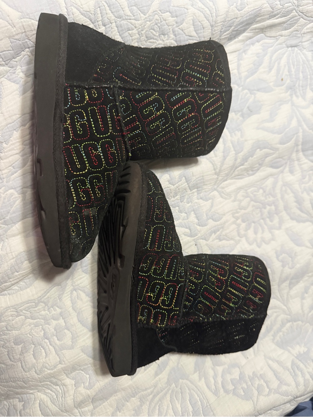 UGG Black Short Boots with Multicolor Logo Stitching